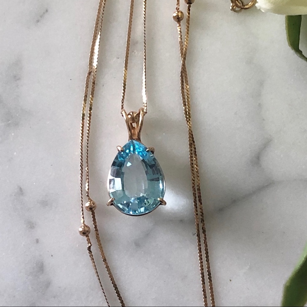 Vintage Pear Blue Topaz 14KGold Basket& 24”Chain